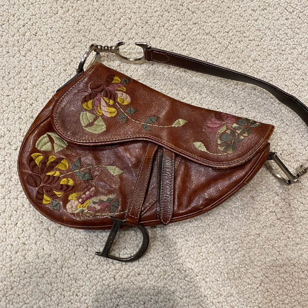 Christian Dior Brown Leather Embroidered Floral Saddle Bag rare vintage original